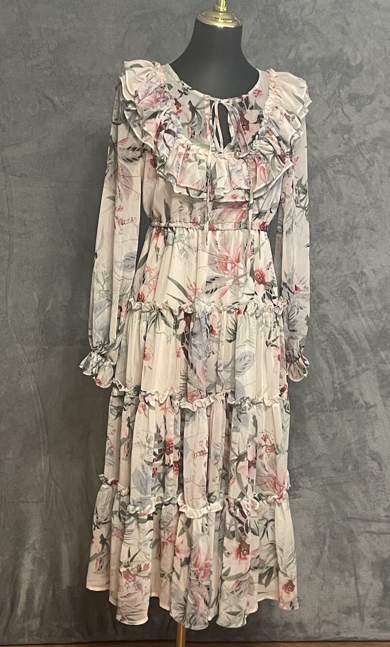 O.P.T. Floral Ruffle Tiered Midi Dress Green Pink Cream Long Sleeve Size XS